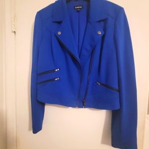 Bebe Cropped Electric Blue Cobalt Black Zipper Moto Long Sleeve Jacket